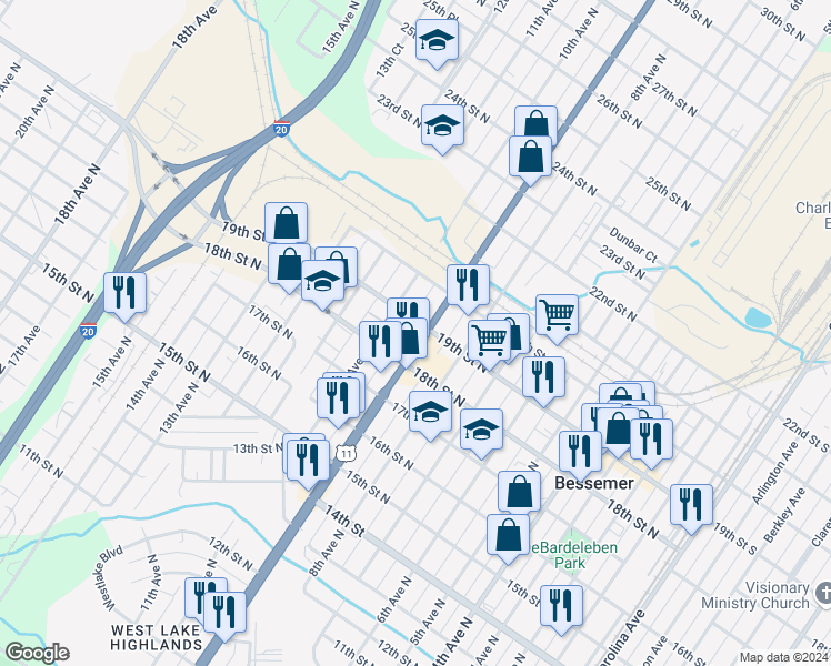 map of restaurants, bars, coffee shops, grocery stores, and more near 902 19th Street North in Bessemer