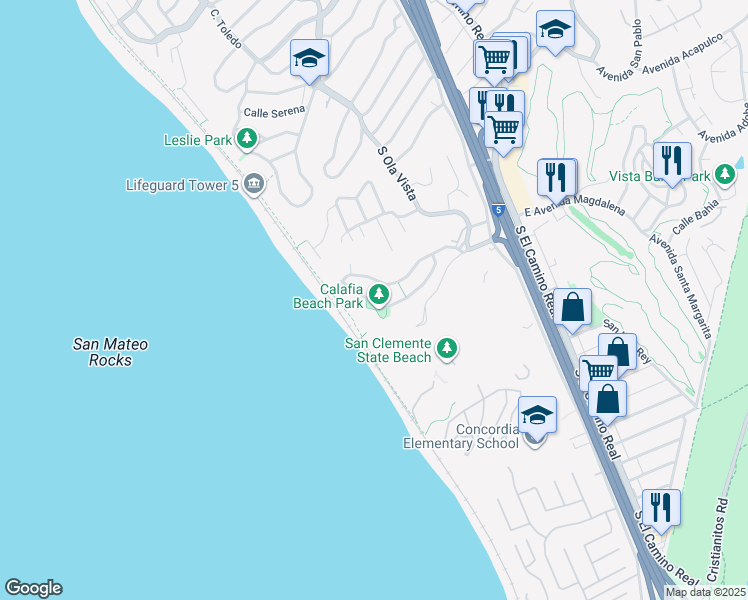 map of restaurants, bars, coffee shops, grocery stores, and more near 250 Avenida Lobeiro in San Clemente