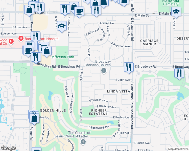 map of restaurants, bars, coffee shops, grocery stores, and more near 7255 East Broadway Road in Mesa