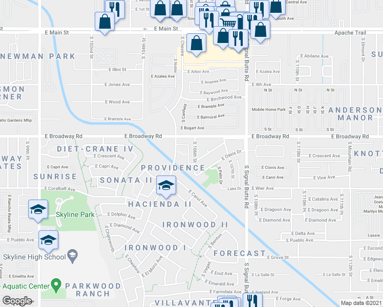 map of restaurants, bars, coffee shops, grocery stores, and more near 435 South Sabrina in Mesa