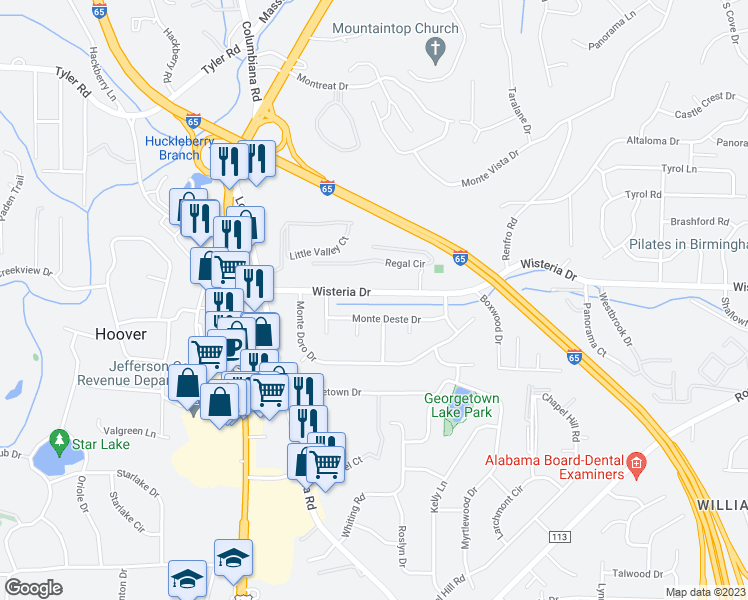 map of restaurants, bars, coffee shops, grocery stores, and more near 2854 Wisteria Drive in Vestavia Hills