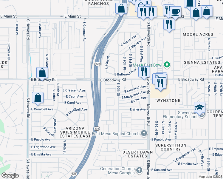map of restaurants, bars, coffee shops, grocery stores, and more near 8935 East Capri Avenue in Mesa