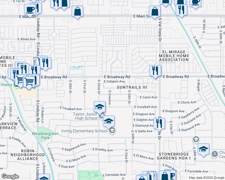 map of restaurants, bars, coffee shops, grocery stores, and more near 3257 East Crescent Avenue in Mesa