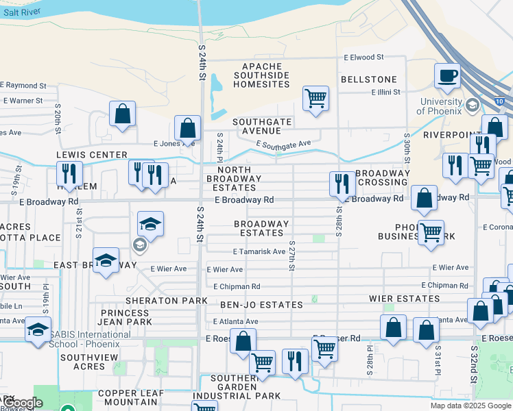 map of restaurants, bars, coffee shops, grocery stores, and more near 2515 East Broadway Road in Phoenix