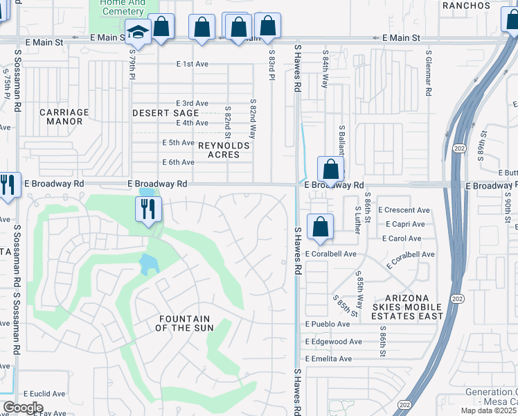 map of restaurants, bars, coffee shops, grocery stores, and more near 8255 East Cactus Drive in Mesa