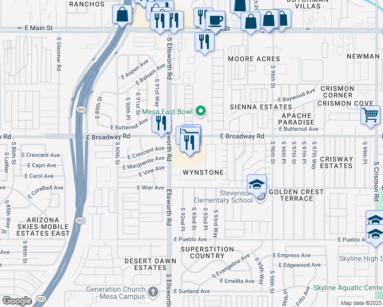 map of restaurants, bars, coffee shops, grocery stores, and more near 435 South Ellsworth Road in Mesa