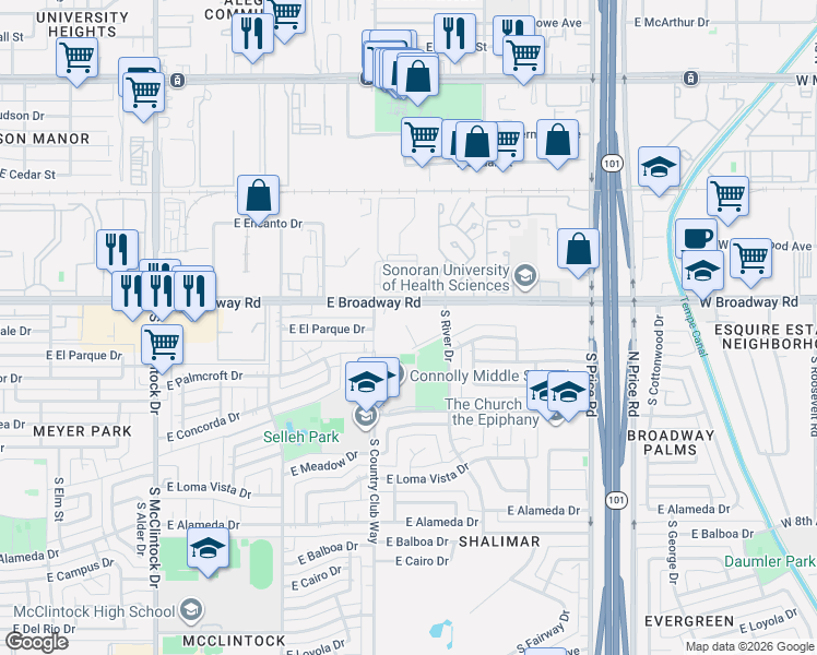 map of restaurants, bars, coffee shops, grocery stores, and more near 2045 East Broadway Road in Tempe