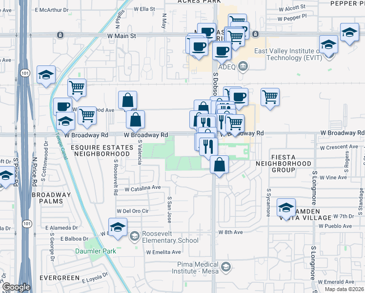 map of restaurants, bars, coffee shops, grocery stores, and more near 2107 West Broadway Road in Mesa