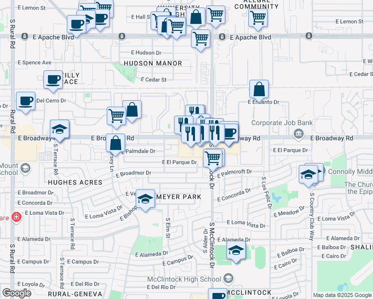 map of restaurants, bars, coffee shops, grocery stores, and more near 2035 South Elm Street in Tempe