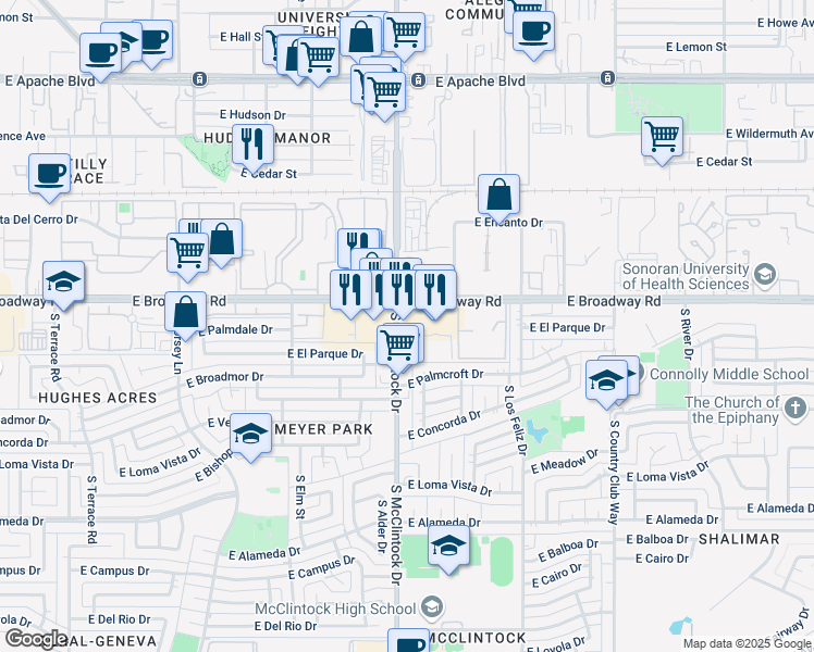 map of restaurants, bars, coffee shops, grocery stores, and more near 2019 South McClintock Drive in Tempe
