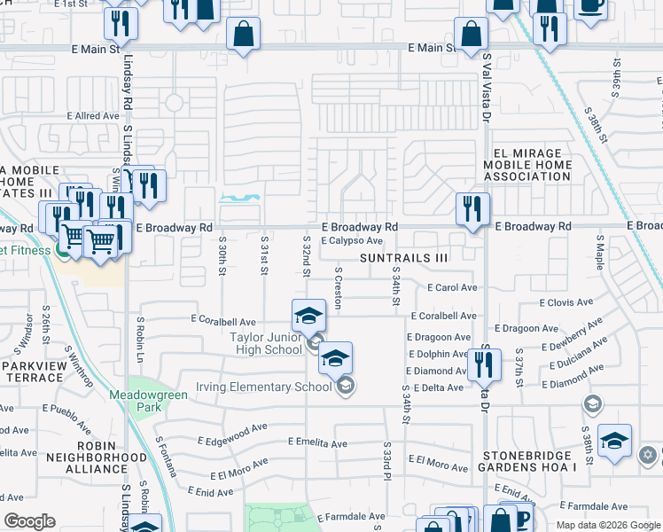 map of restaurants, bars, coffee shops, grocery stores, and more near 3209 East Crescent Avenue in Mesa