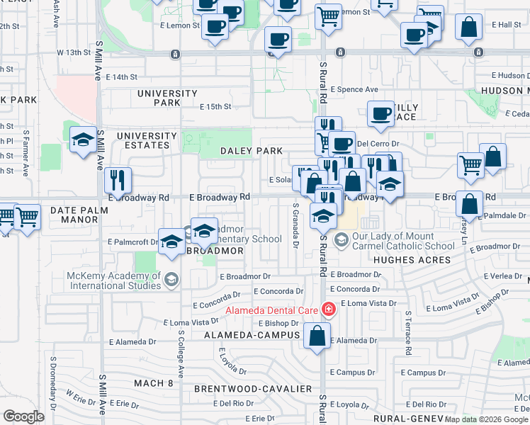 map of restaurants, bars, coffee shops, grocery stores, and more near 2017 South Ventura Drive in Tempe