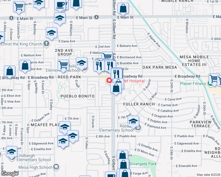 map of restaurants, bars, coffee shops, grocery stores, and more near 458 South Gilbert Road in Mesa