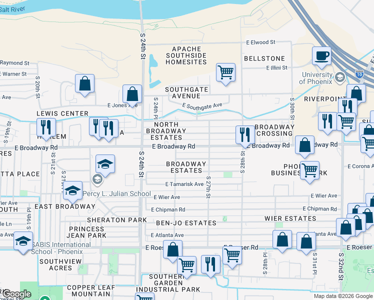 map of restaurants, bars, coffee shops, grocery stores, and more near 2515 East Broadway Road in Phoenix