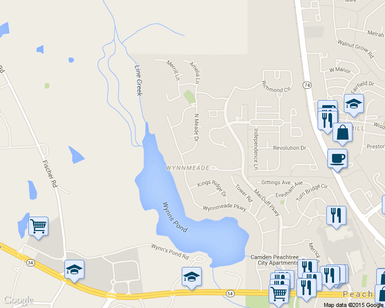 map of restaurants, bars, coffee shops, grocery stores, and more near 104 North Meade Drive in Peachtree City