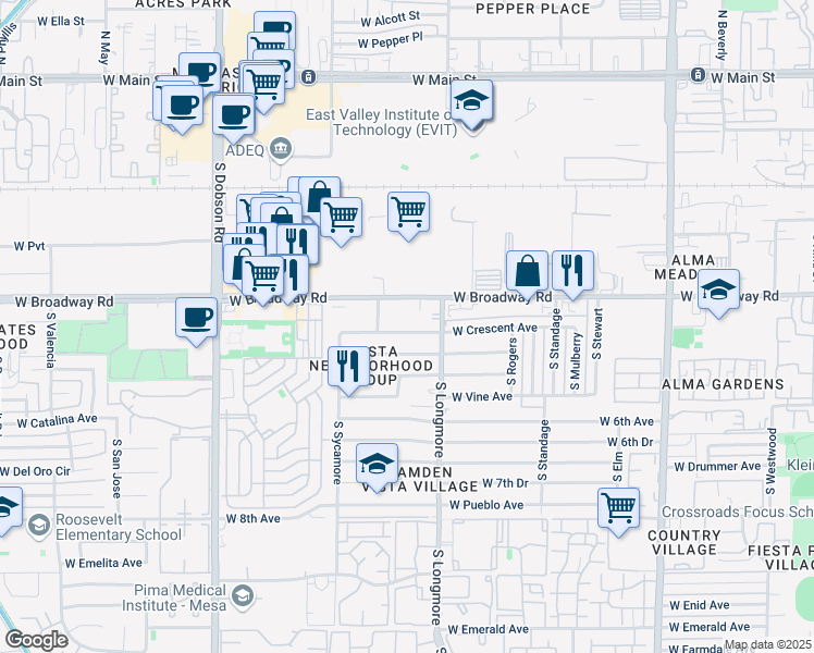 map of restaurants, bars, coffee shops, grocery stores, and more near 1644 West Crescent Avenue in Mesa