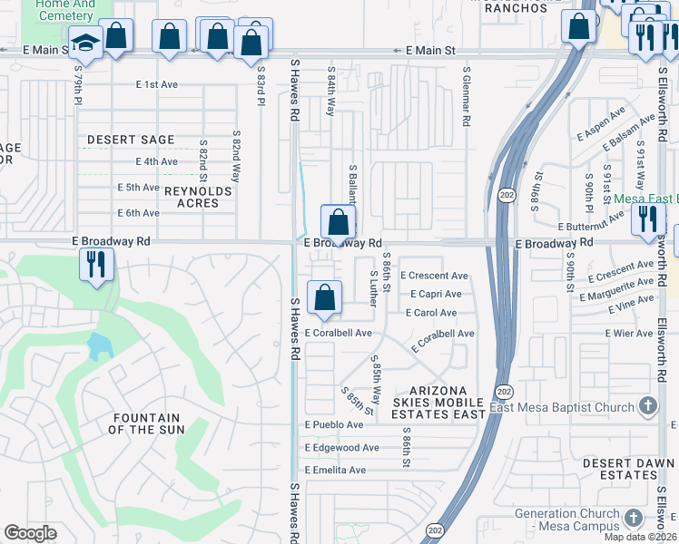 map of restaurants, bars, coffee shops, grocery stores, and more near 438 South Torrence in Mesa
