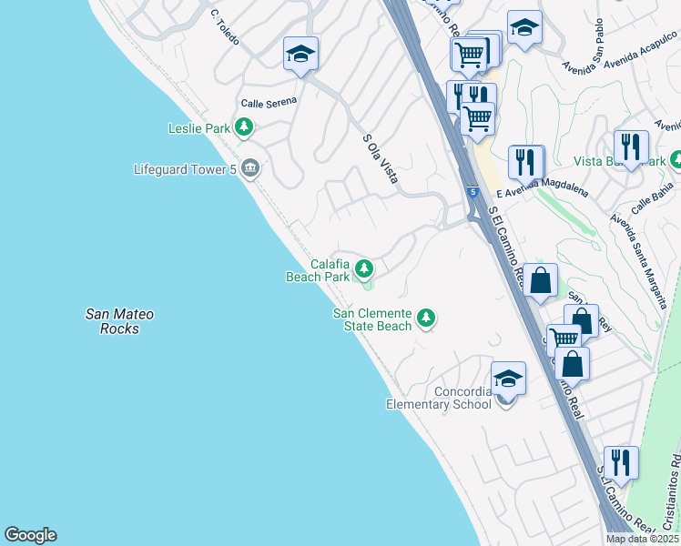 map of restaurants, bars, coffee shops, grocery stores, and more near 257 Avenida Lobeiro in San Clemente