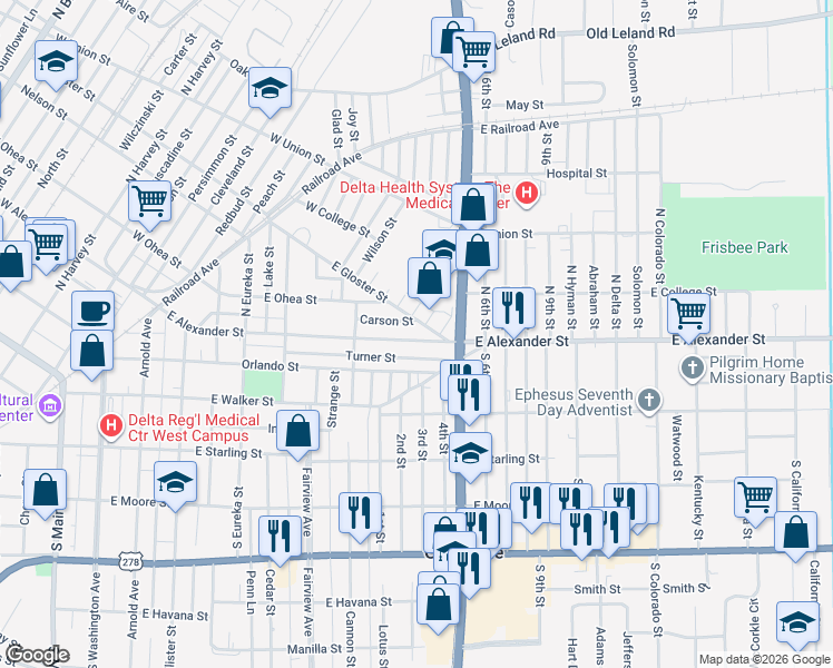 map of restaurants, bars, coffee shops, grocery stores, and more near 670 East Alexander Street in Greenville
