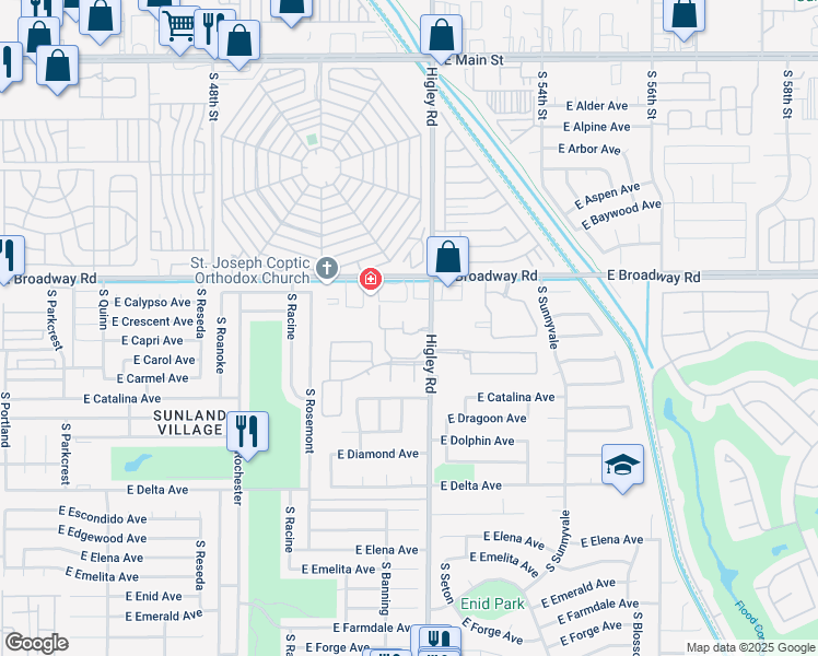 map of restaurants, bars, coffee shops, grocery stores, and more near 490 South Higley Road in Mesa