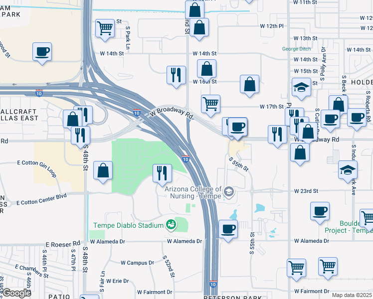 map of restaurants, bars, coffee shops, grocery stores, and more near U.S. 60 in Tempe