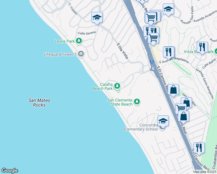 map of restaurants, bars, coffee shops, grocery stores, and more near 257 Avenida Lobeiro in San Clemente