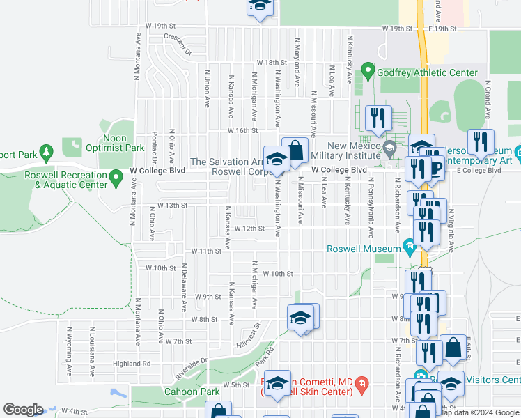 map of restaurants, bars, coffee shops, grocery stores, and more near 1200-1298 North Michigan Avenue in Roswell