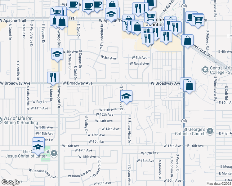 map of restaurants, bars, coffee shops, grocery stores, and more near 854 South San Marcos Drive in Apache Junction