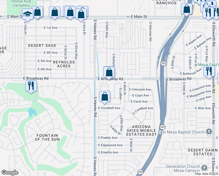 map of restaurants, bars, coffee shops, grocery stores, and more near 438 South Torrence in Mesa