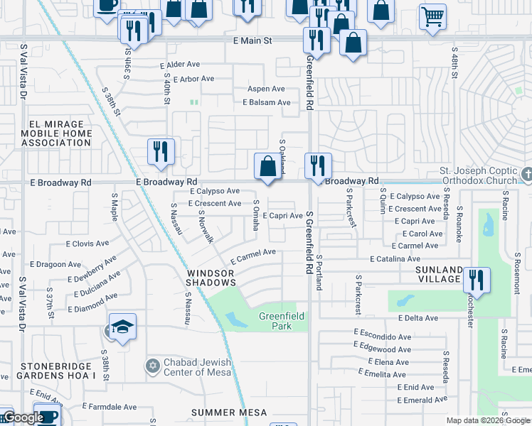 map of restaurants, bars, coffee shops, grocery stores, and more near 507 South Omaha in Mesa
