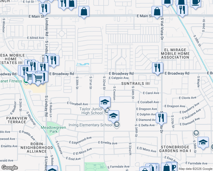 map of restaurants, bars, coffee shops, grocery stores, and more near 3209 East Crescent Avenue in Mesa