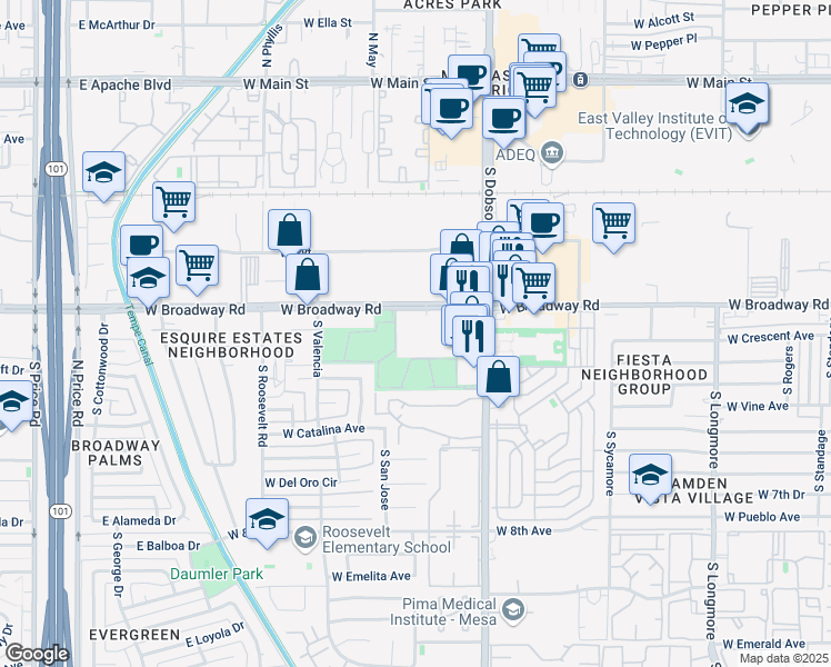 map of restaurants, bars, coffee shops, grocery stores, and more near 2107 West Broadway Road in Mesa