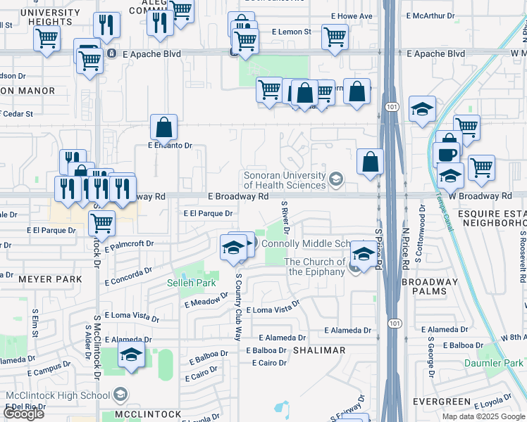 map of restaurants, bars, coffee shops, grocery stores, and more near 2045 East Broadway Road in Tempe
