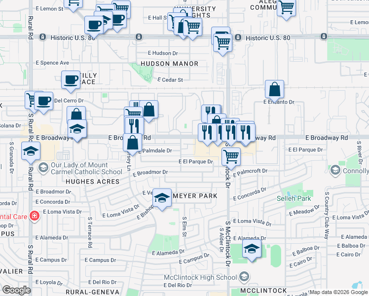 map of restaurants, bars, coffee shops, grocery stores, and more near 1536 East Palmdale Drive in Tempe