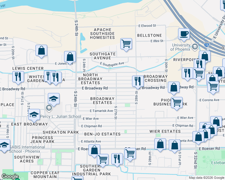 map of restaurants, bars, coffee shops, grocery stores, and more near 2562 East Corona Avenue in Phoenix