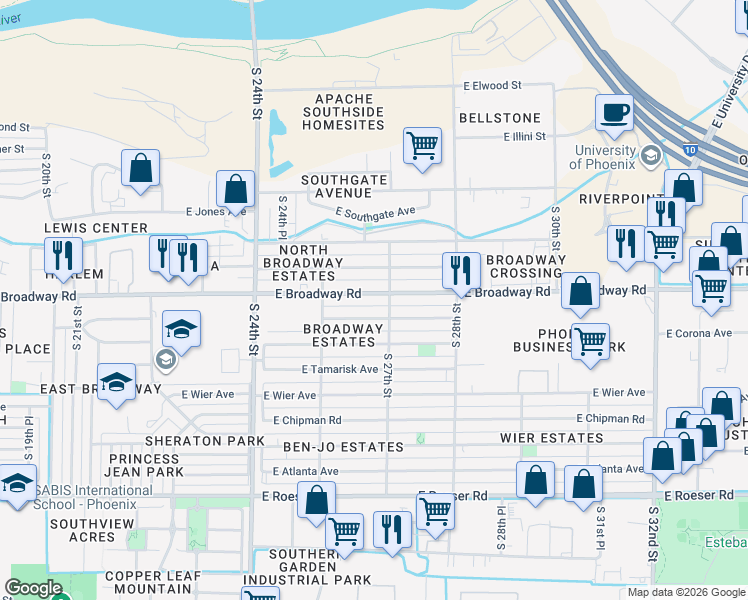 map of restaurants, bars, coffee shops, grocery stores, and more near 2562 East Corona Avenue in Phoenix