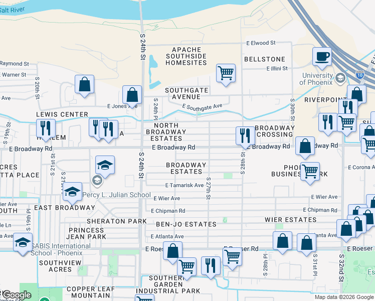 map of restaurants, bars, coffee shops, grocery stores, and more near 2515 East Broadway Road in Phoenix
