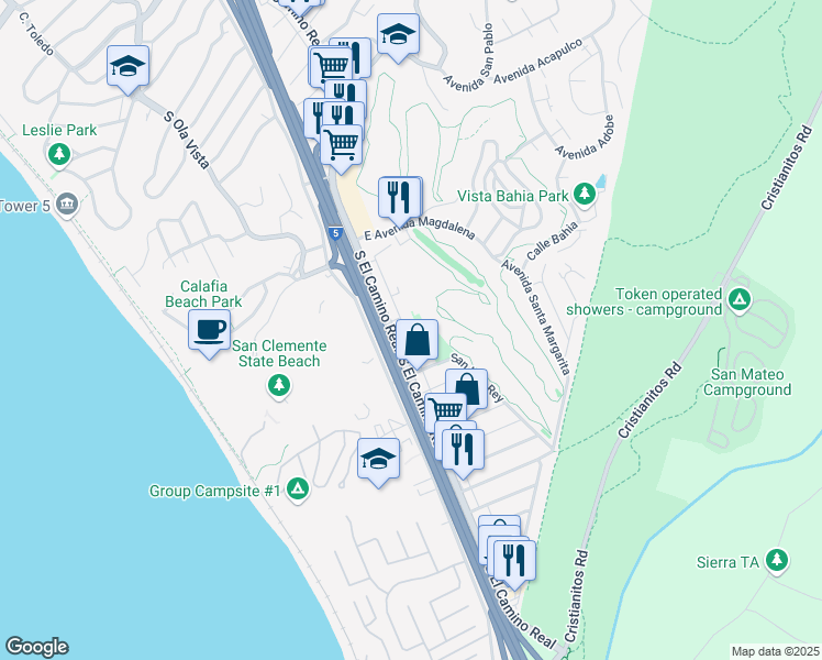 map of restaurants, bars, coffee shops, grocery stores, and more near in San Clemente