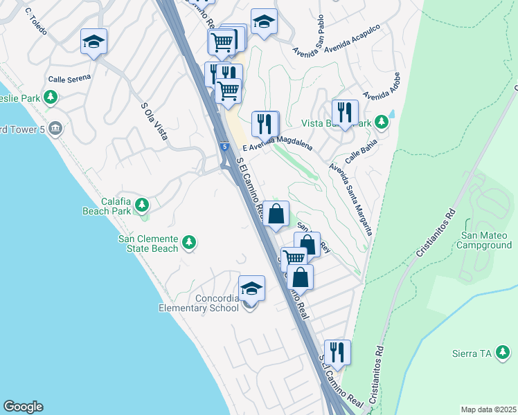 map of restaurants, bars, coffee shops, grocery stores, and more near 2719 South El Camino Real in San Clemente