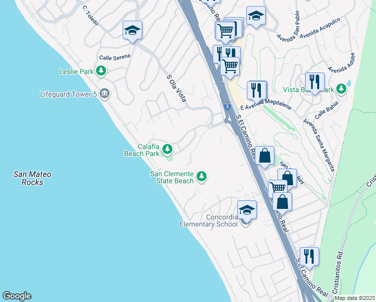map of restaurants, bars, coffee shops, grocery stores, and more near 233 Avenida Lobeiro in San Clemente