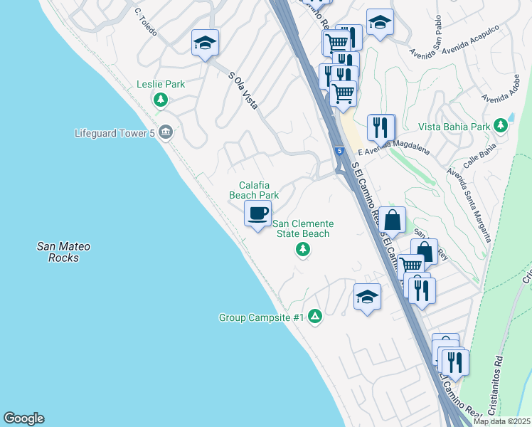 map of restaurants, bars, coffee shops, grocery stores, and more near 233 Avenida Lobeiro in San Clemente