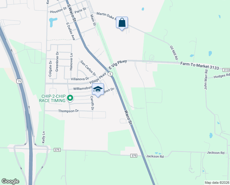 map of restaurants, bars, coffee shops, grocery stores, and more near 1500 Waco Street in Van Alstyne