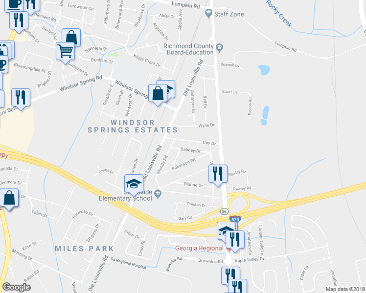 map of restaurants, bars, coffee shops, grocery stores, and more near 1925 Dabney Dr in Augusta