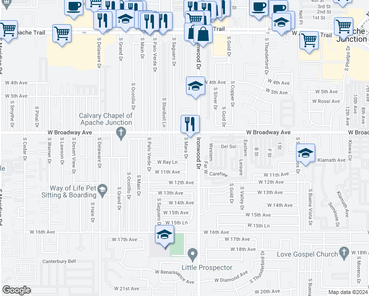 map of restaurants, bars, coffee shops, grocery stores, and more near 975 South Mara Drive in Apache Junction