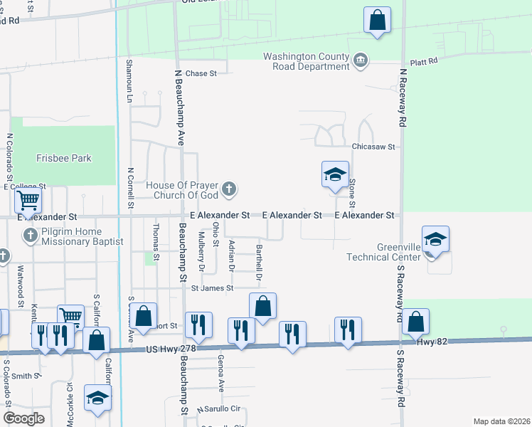map of restaurants, bars, coffee shops, grocery stores, and more near 2673 East Alexander Street in Greenville