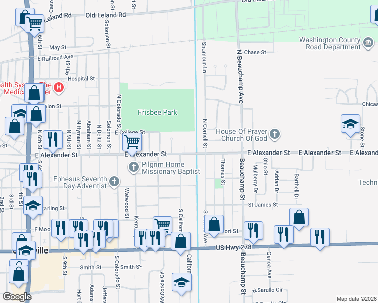 map of restaurants, bars, coffee shops, grocery stores, and more near 2111 East Alexander Street in Greenville