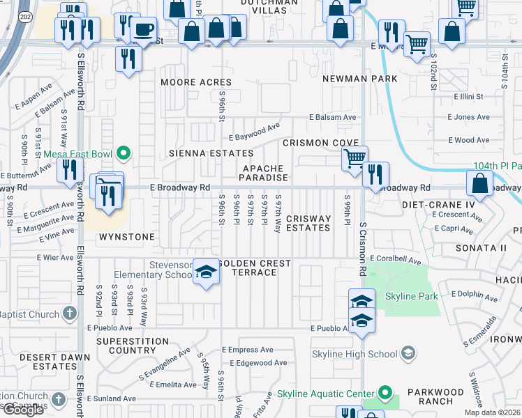 map of restaurants, bars, coffee shops, grocery stores, and more near 443 South 97th Place in Mesa