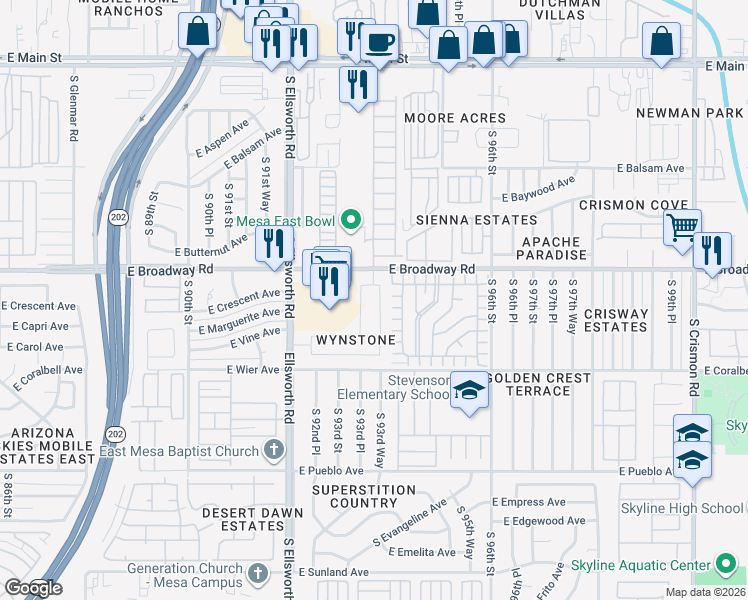 map of restaurants, bars, coffee shops, grocery stores, and more near 438 South 93rd Way in Mesa