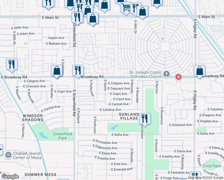 map of restaurants, bars, coffee shops, grocery stores, and more near 4646 East Capri Avenue in Mesa