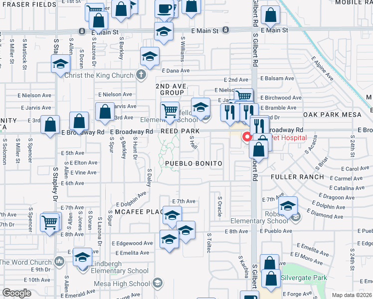 map of restaurants, bars, coffee shops, grocery stores, and more near 504 South Hall in Mesa